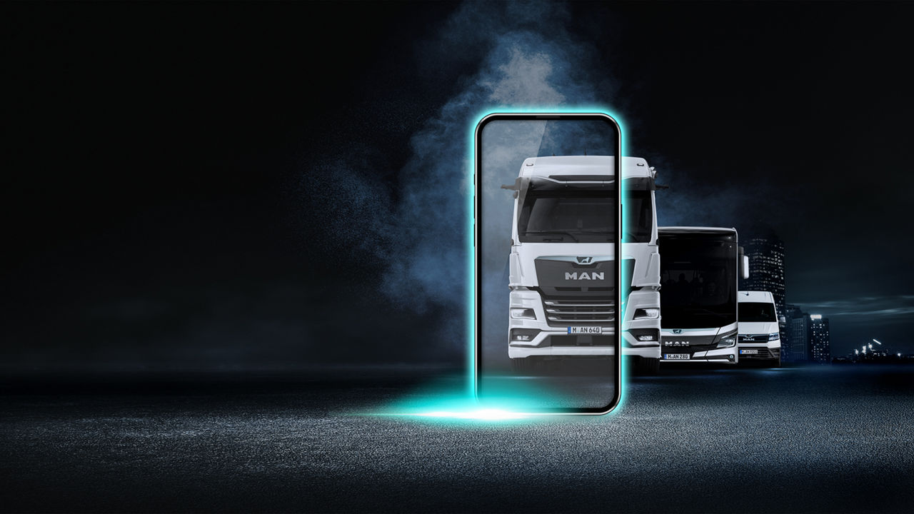 Illustration of MAN products in a row: white truck, bus and van