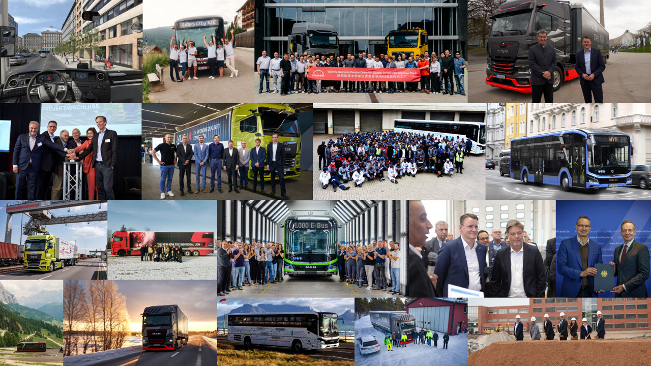 A collage of different images of trucks, buses and people