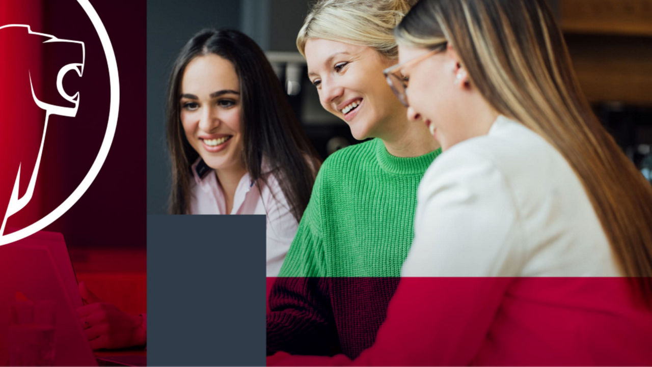 Three women are talking to each other, a graphic of a lion is overlaying the photo