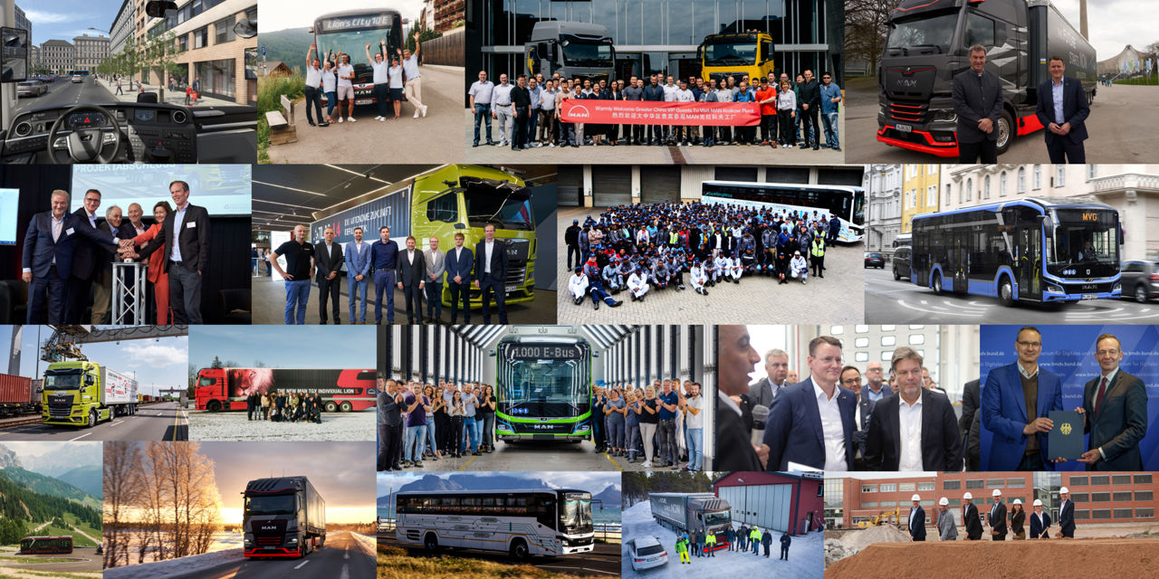 A collage of various images of trucks, buses and people