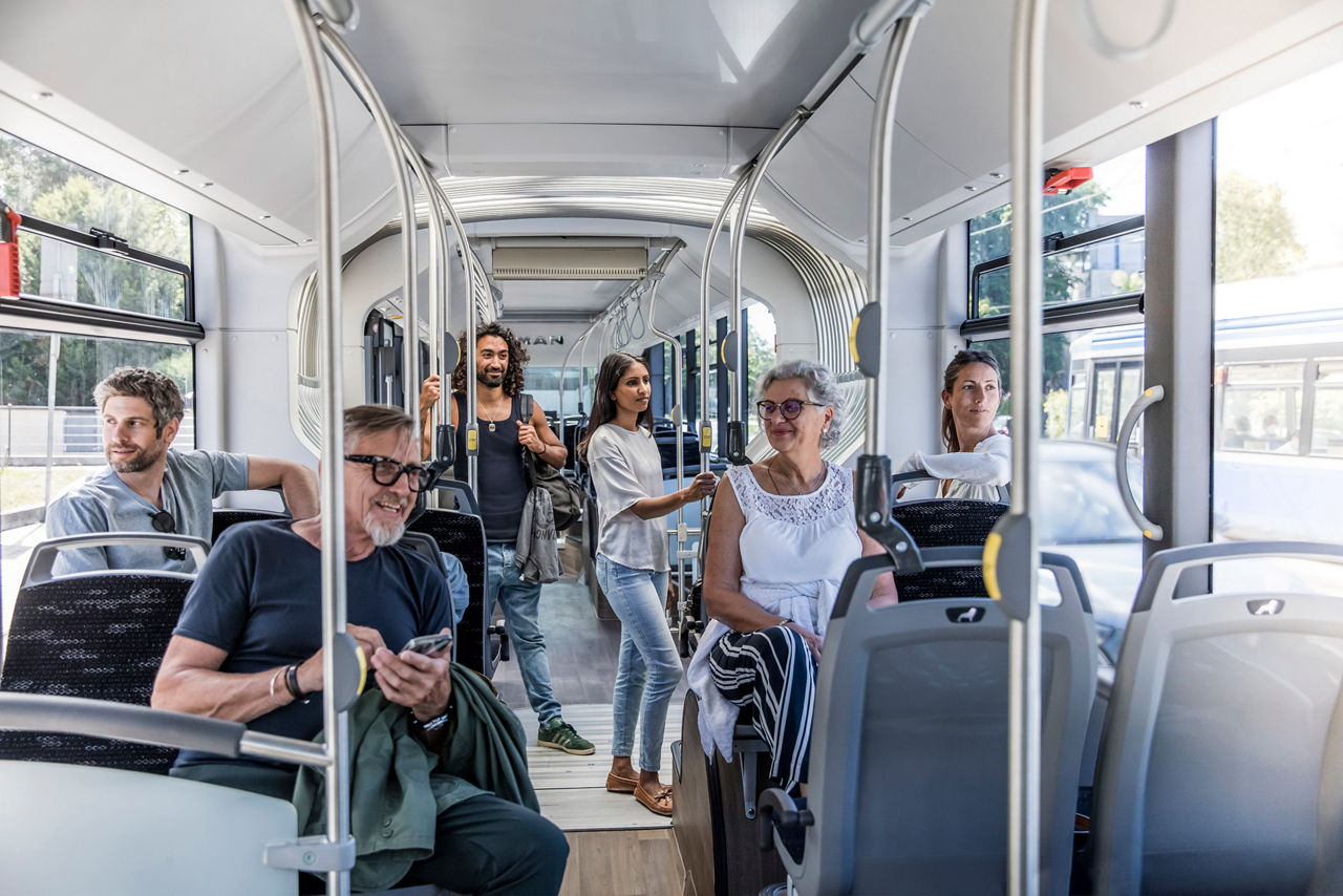 The MAN Lion’s City E can be seen on a display panel inside a MAN e-bus with spacious interior.