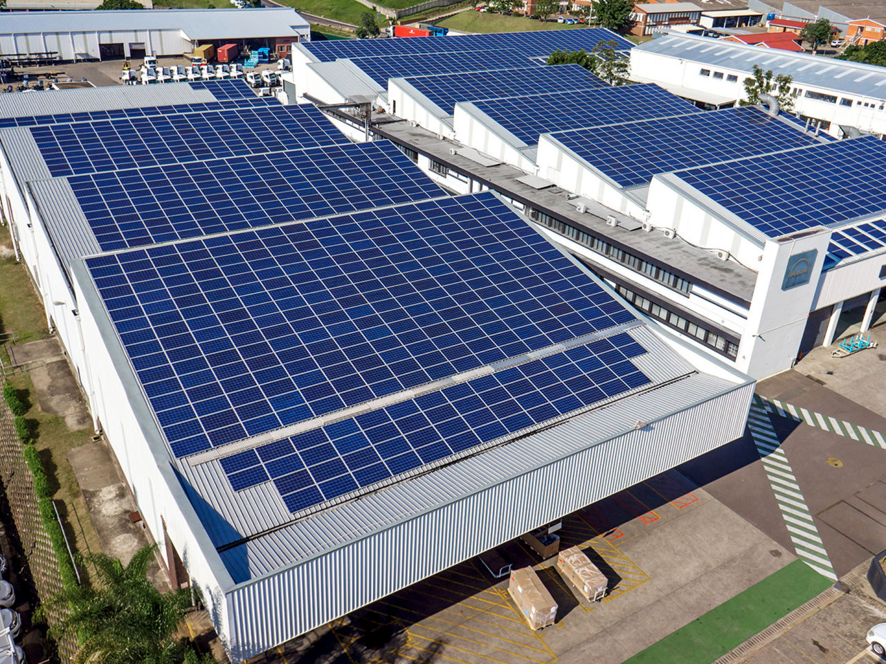 Production halls with solar panels on the roof