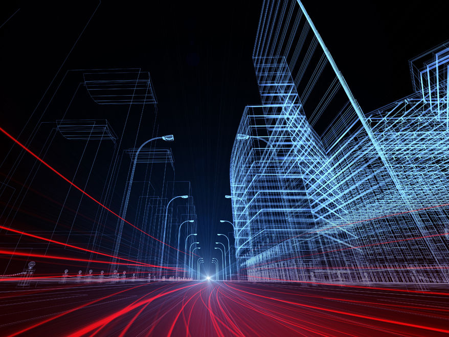 Digital city with red light trails on a virtual road