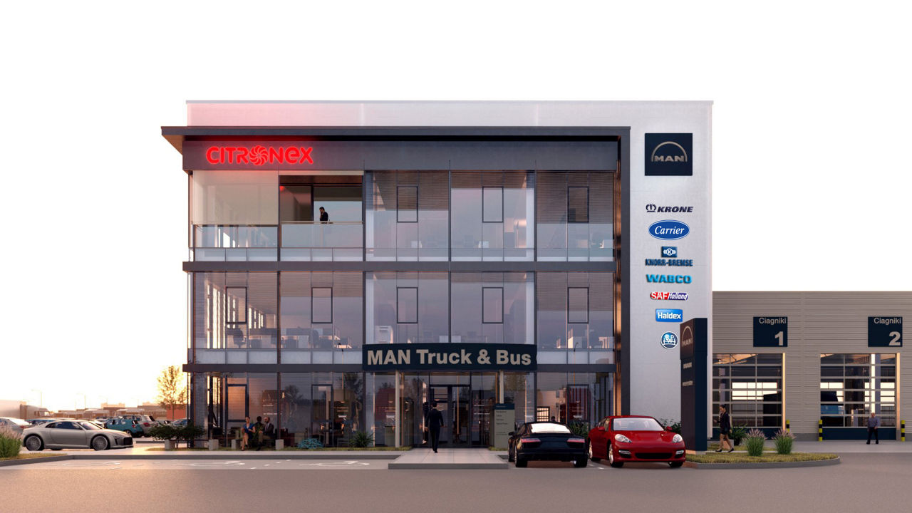 Wizualizacja nowego biura i autoryzowanej stacji obsługi MAN Route A4 w Zgorzelcu.