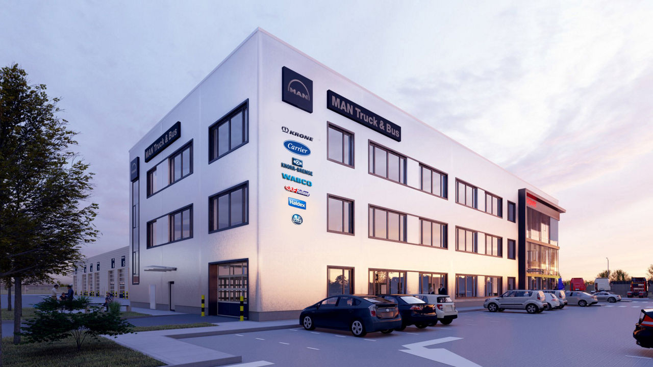 Wizualizacja nowego biura i autoryzowanej stacji obsługi MAN Route A4 w Zgorzelcu.