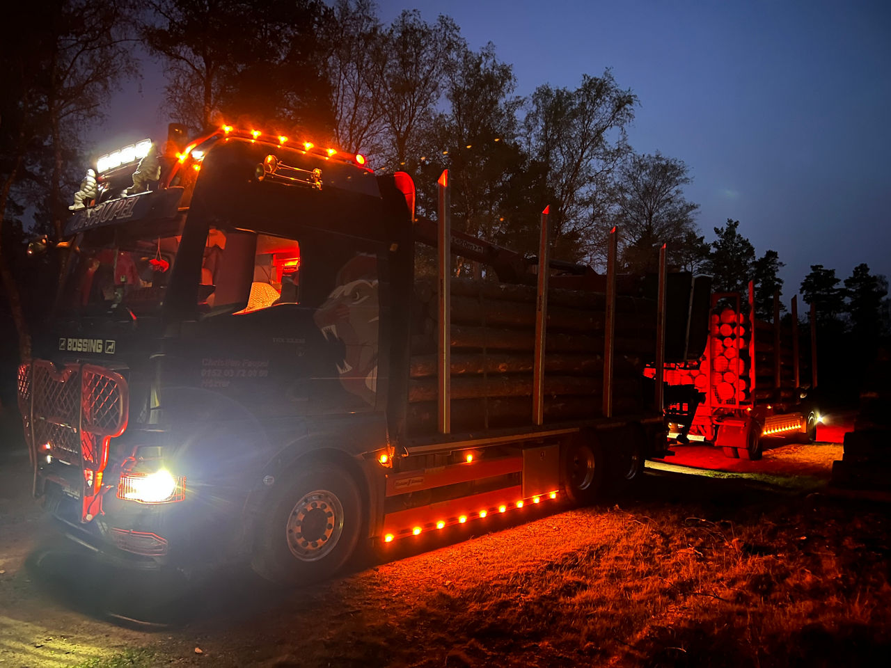 Schwarzer MAN TGX 33.510 mit roten Zierelementen und Löwenbeklebung voll beladen mit Kurzholz und Anhänger in der Nacht