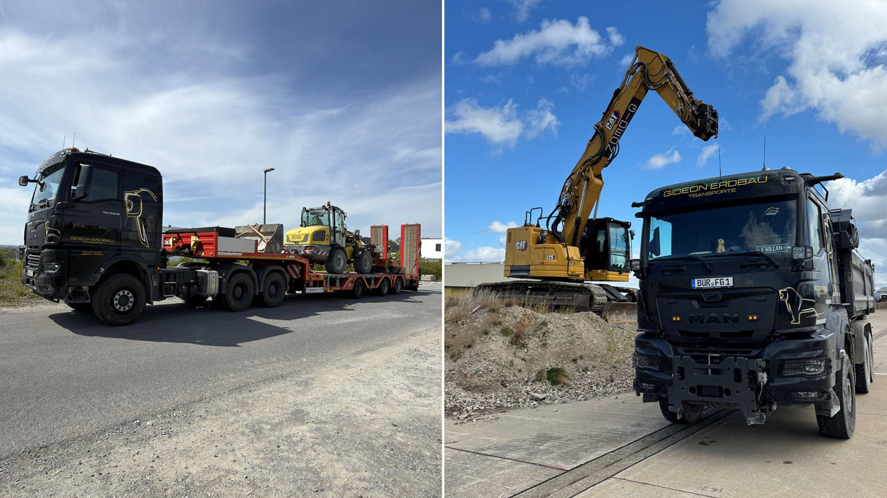 Der schwarze MAN TGX 33.640 transportiert einen Radlader zur nächsten Baustelle.