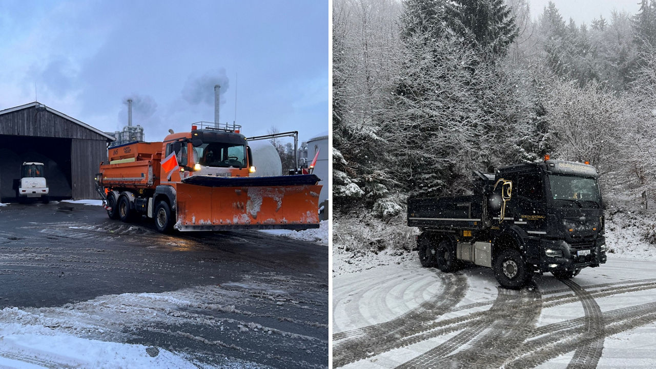 Ein oranger MAN Lkw im Winterdiensteinsatz mit montierten Schneeschiebeschild.
