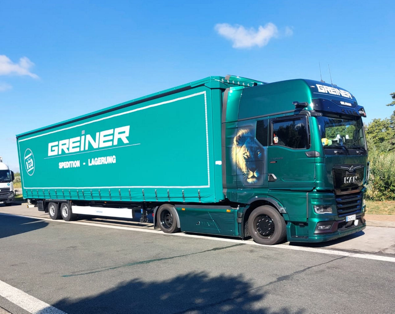 Ein grüner aufwändig gestalteter MAN TGX steht auf einem Parkplatz mit Planenauflieger. Der Lkw gehört zur Firm Erwin Greiner Kraftwagenspedition e.K. und ist der 100. MAN im Fuhrpark.  