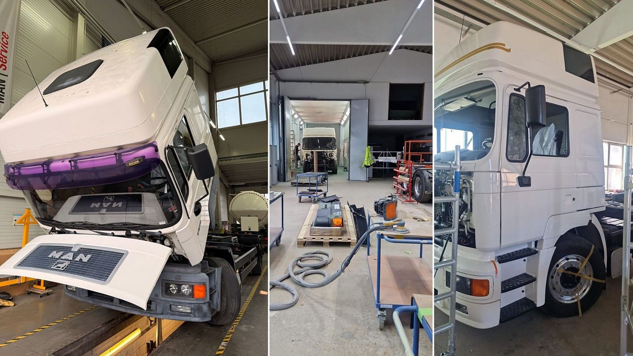 Restaurationsschritte des weißen MAN F2000 durch das Team von Marc Stegmaier