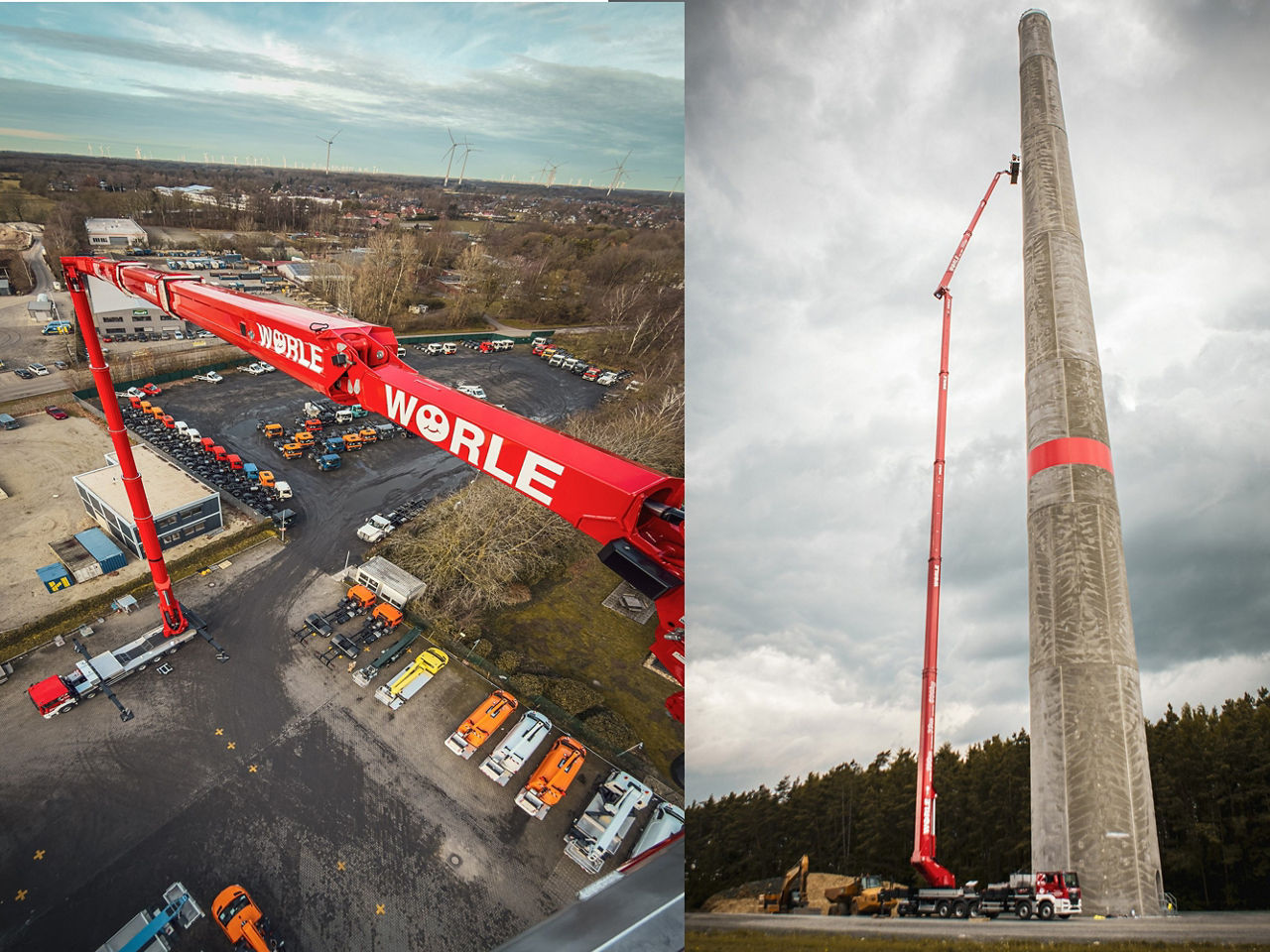 Blick aus 100 Meter Höhe. Der rote TGS 55.540 der Firma Wörle hebt die Arbeitsbühne in höchsten Höhen und ist ein absolutes Sonderfahrzeug.