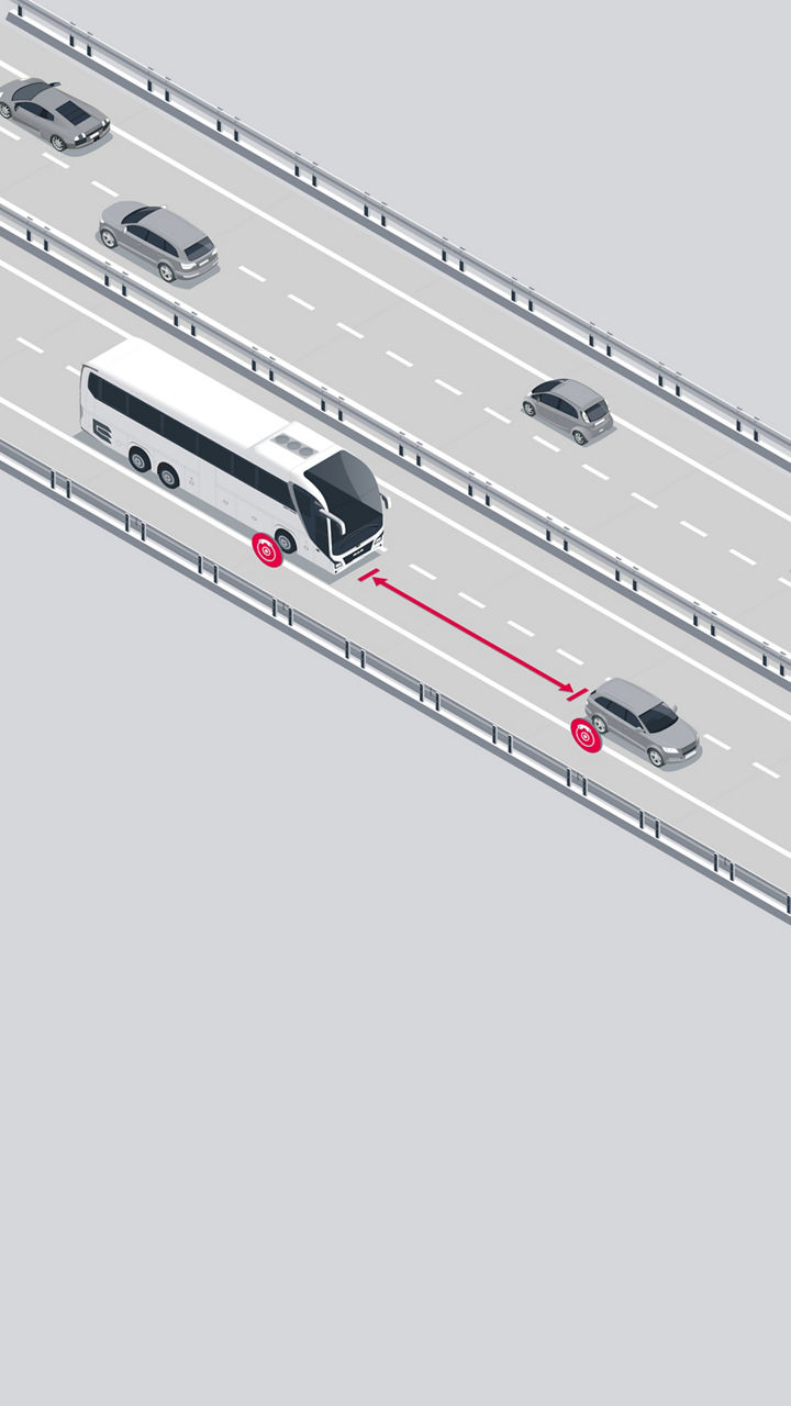 Illustration of a bus driving behind a car. The distance between the two is marked by a red line. 