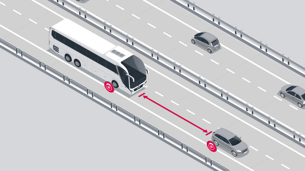 Illustration of a bus driving behind a car. The distance between the two is marked by a red line. 