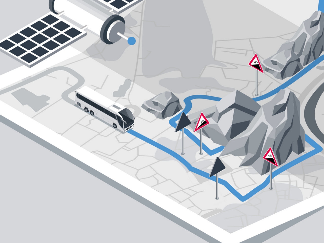 Illustration of a bus on a 3D map. The route that the bus will travel is shown in blue. 