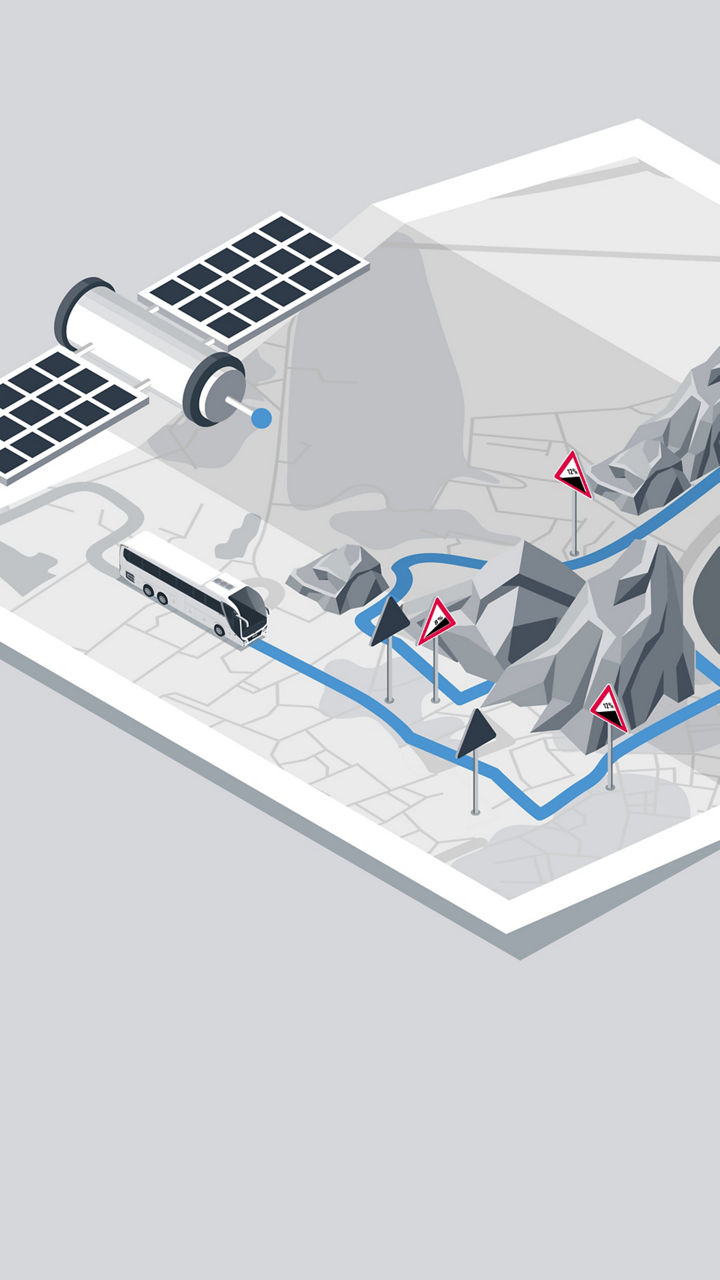Illustration of a bus on a 3D map. The route that the bus will travel is shown in blue. 
