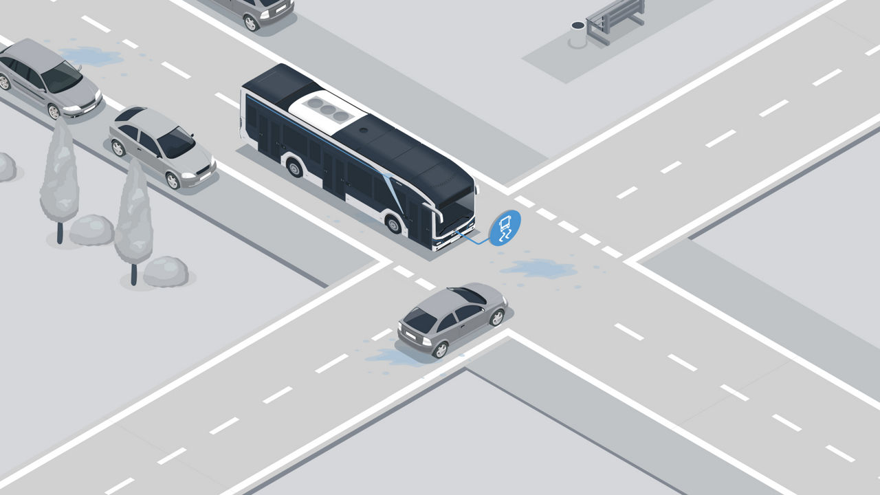 Illustration of a bus located at an intersection. From the right comes a car. Both vehicles are heading towards the middle of the intersection. 