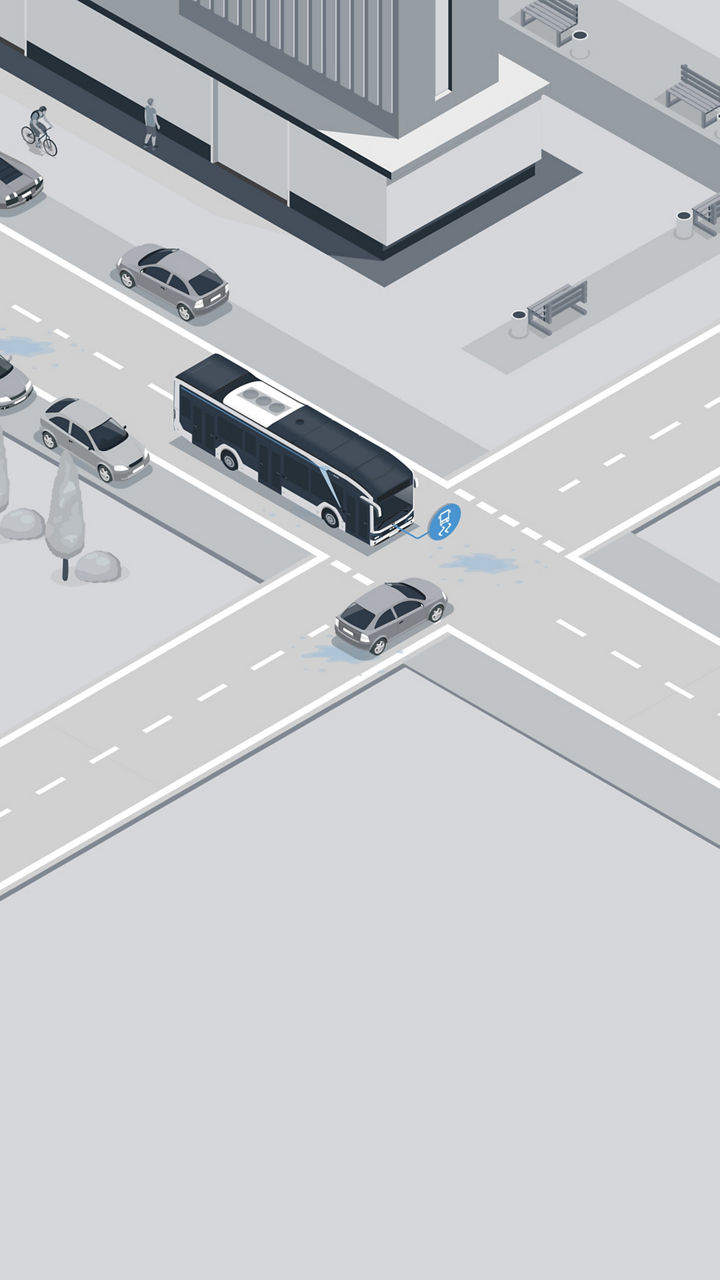 Illustration of a bus located at an intersection. From the right comes a car. Both vehicles are heading towards the middle of the intersection. 