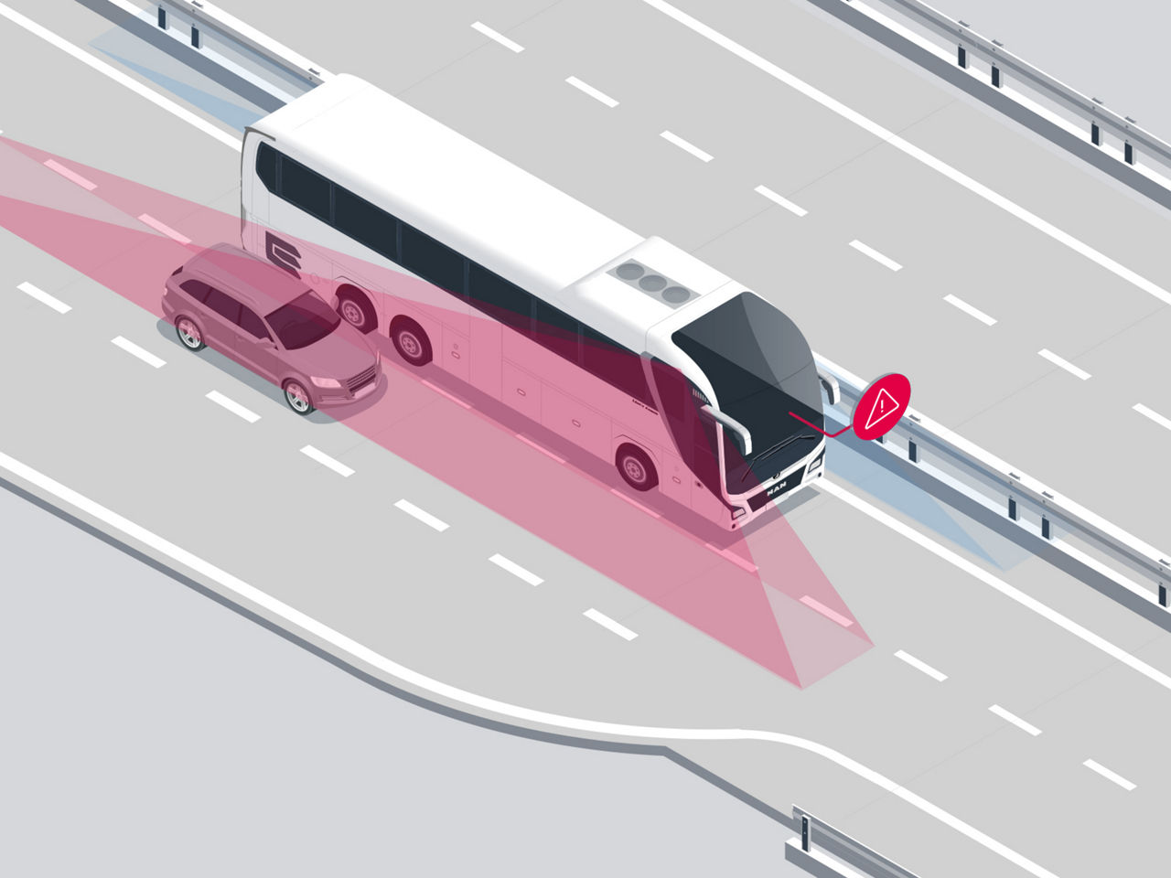Illustration of a bus on a two-lane roadway. Cars drive in front of and next to the bus. The entire side area of the bus is colored red. 