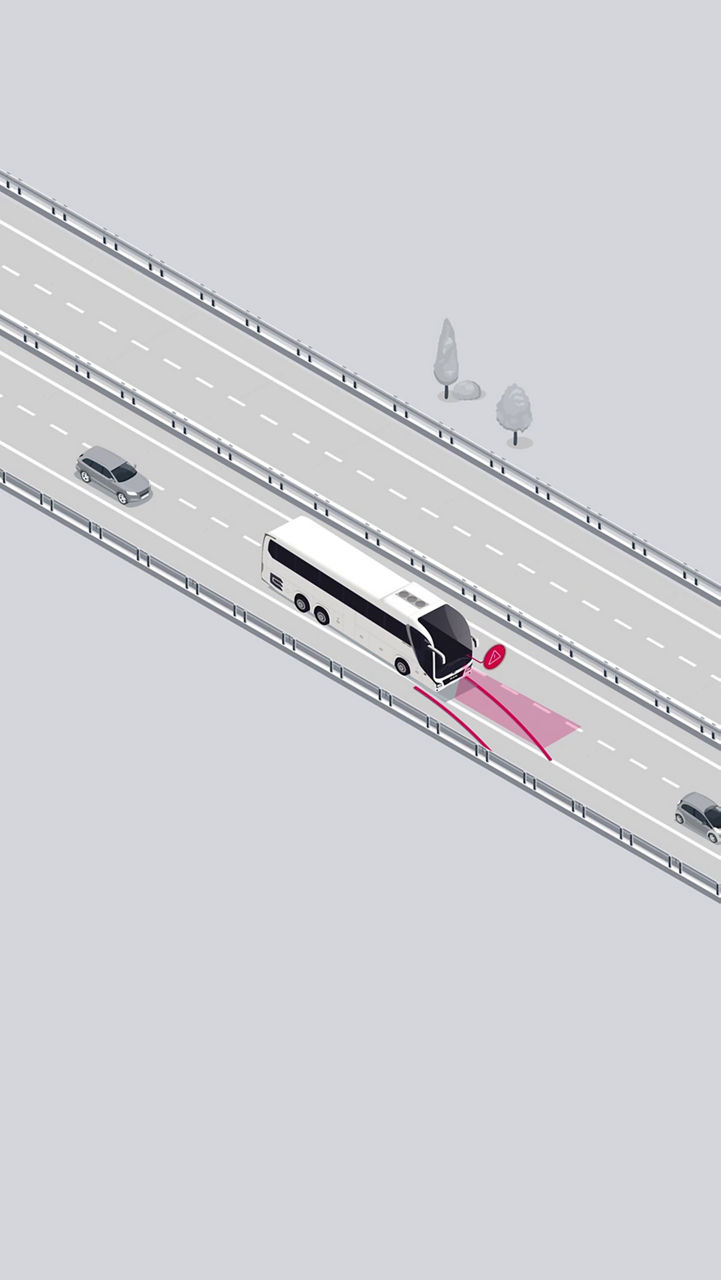 Illustration of a bus on a two-lane roadway. Cars drive in front of and next to the bus. The entire side area of the bus is colored red. 