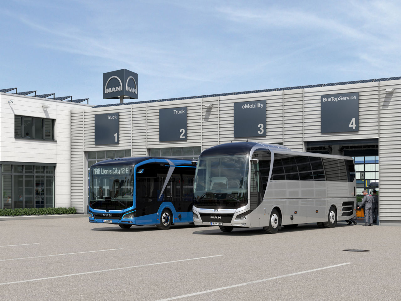 Three MAN Lion’s City buses in front of a futuristic city skyline
