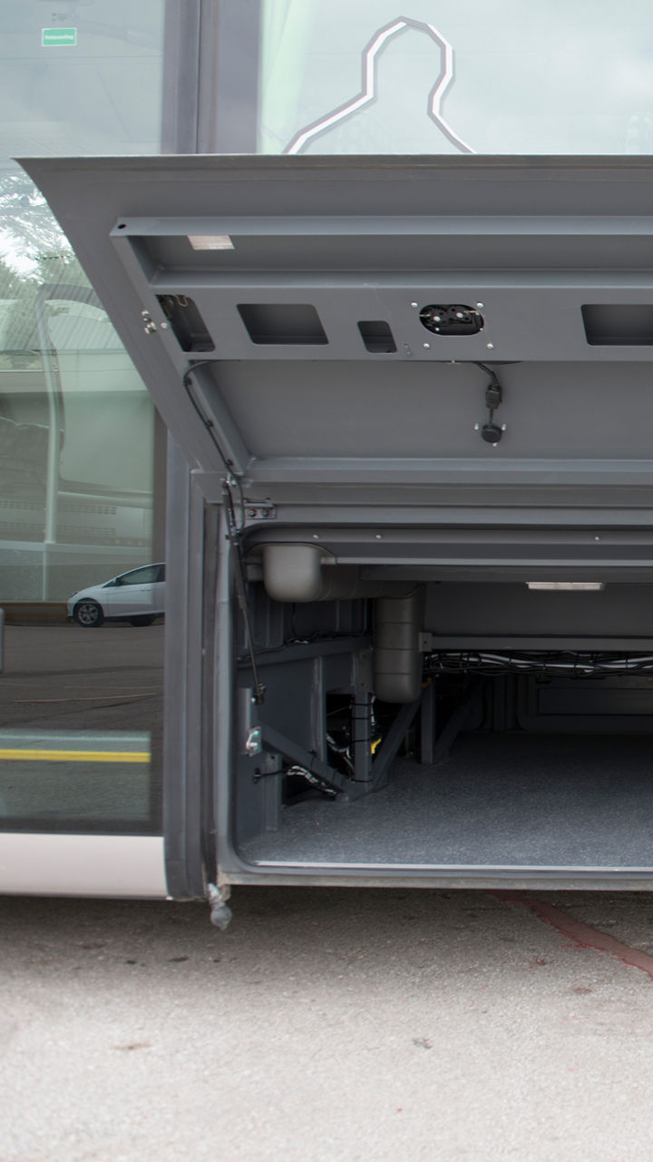 The luggage compartment of the MAN Lion’s Intercity with open flaps