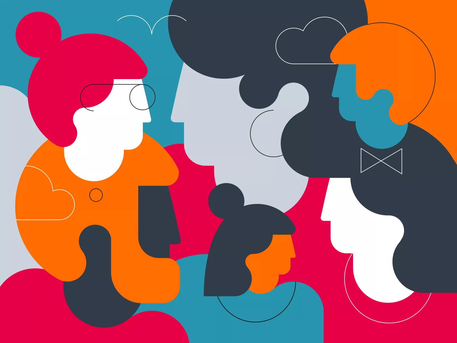 An illustration with several faces