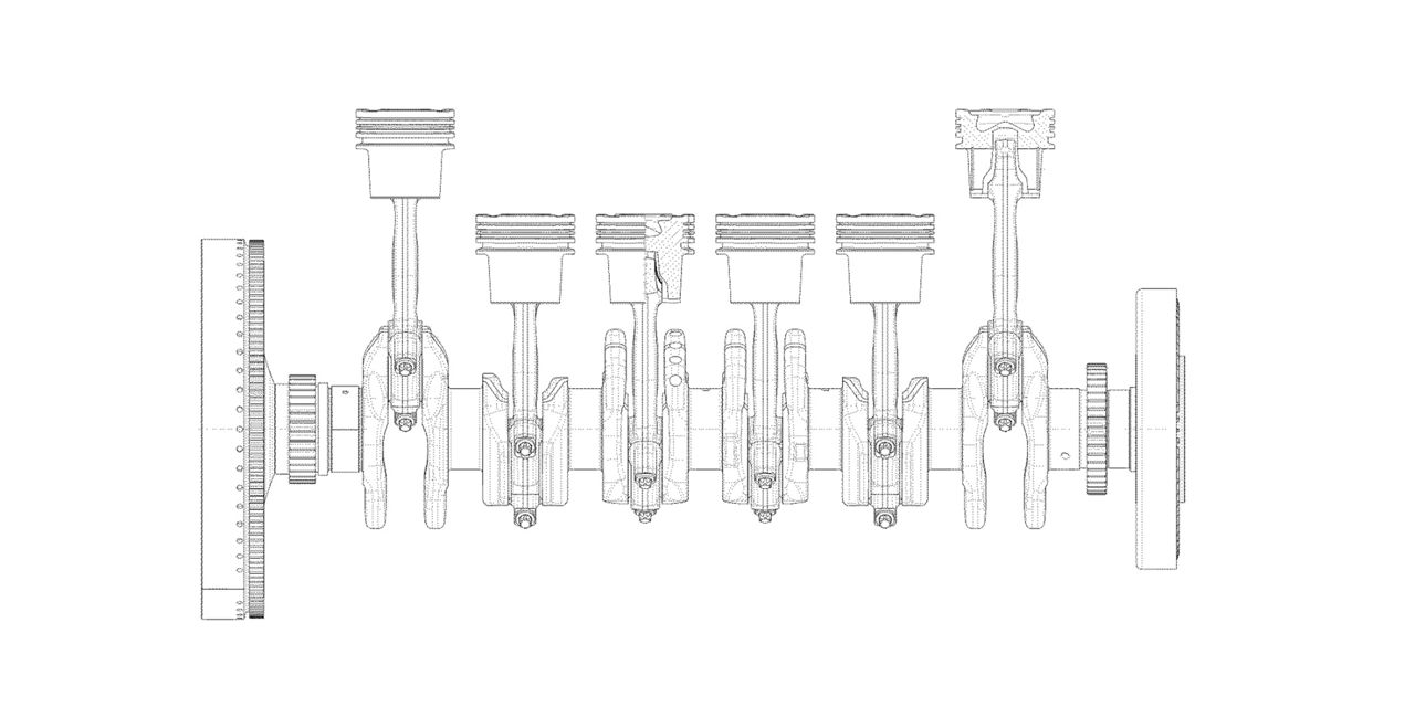 2D view of crank drive with connecting rods and piston
