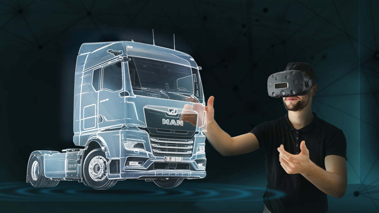 Eine Collage eines Lkw-Hologramms und eines Mannes mit VR-Brille