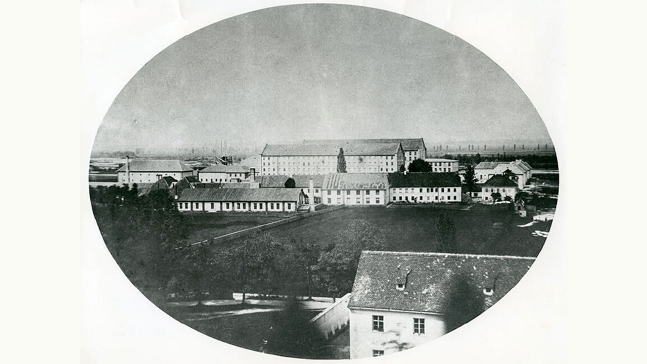 Aerial view of the Augsburg machine factory from 1859