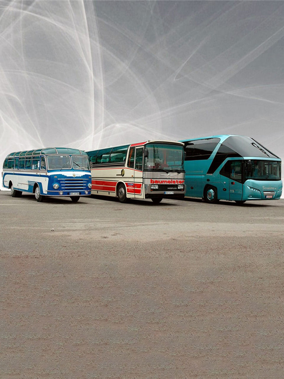 Three NEOPLAN buses from different generations stand side by side