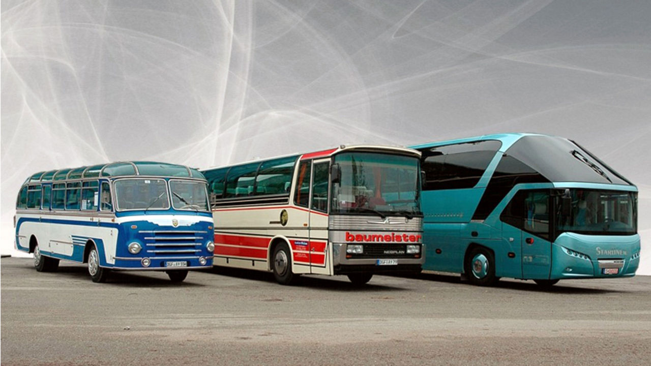 Three NEOPLAN buses from different generations stand side by side