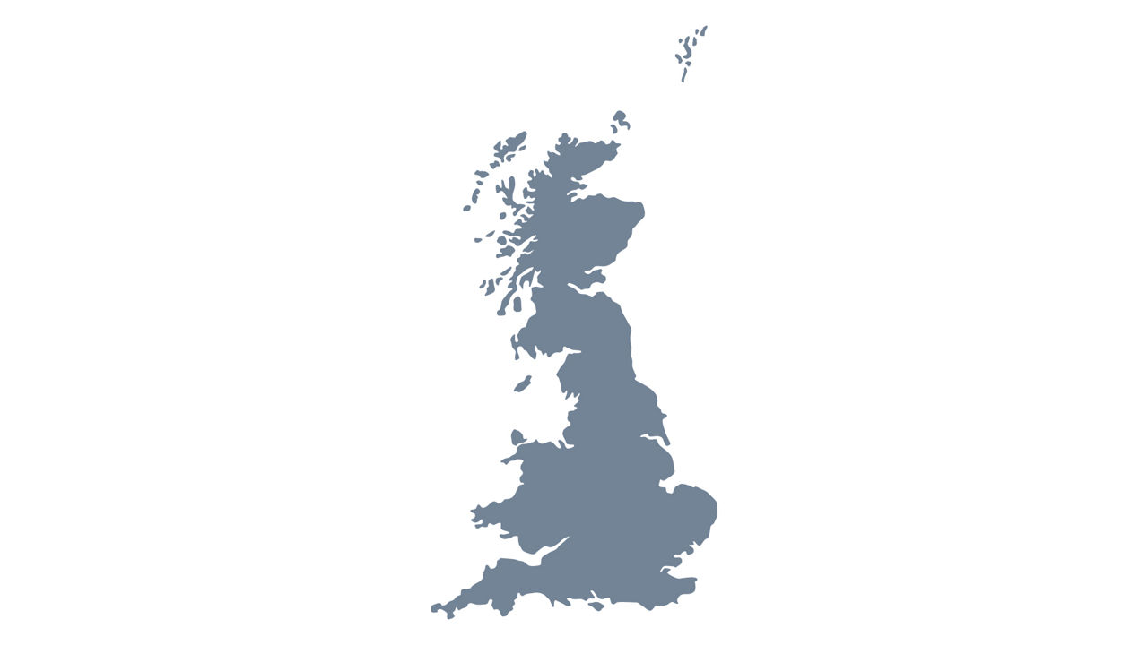 Great Britain is highlighted on a grey map of Europe.