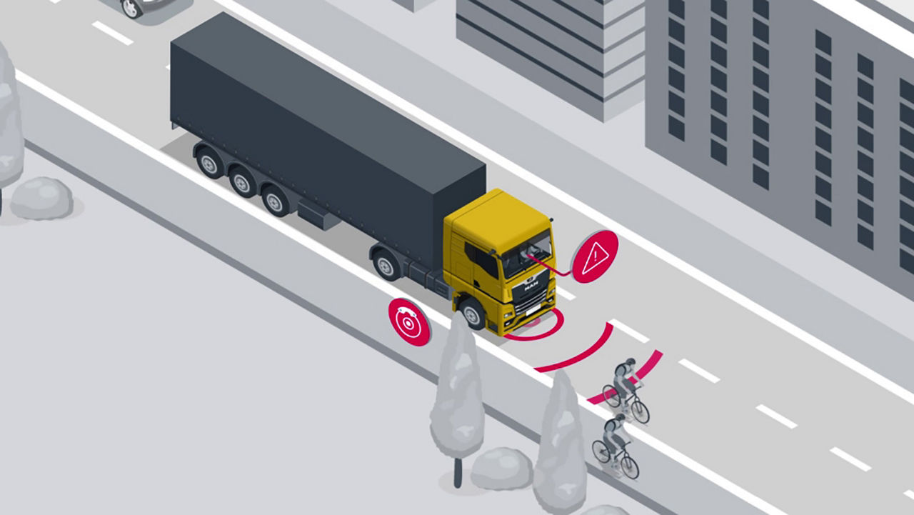 Illustration eines MAN Trucks. Dieser erkennt zwei Radfahrer vor sich und zeigt eine Bremswarnung.