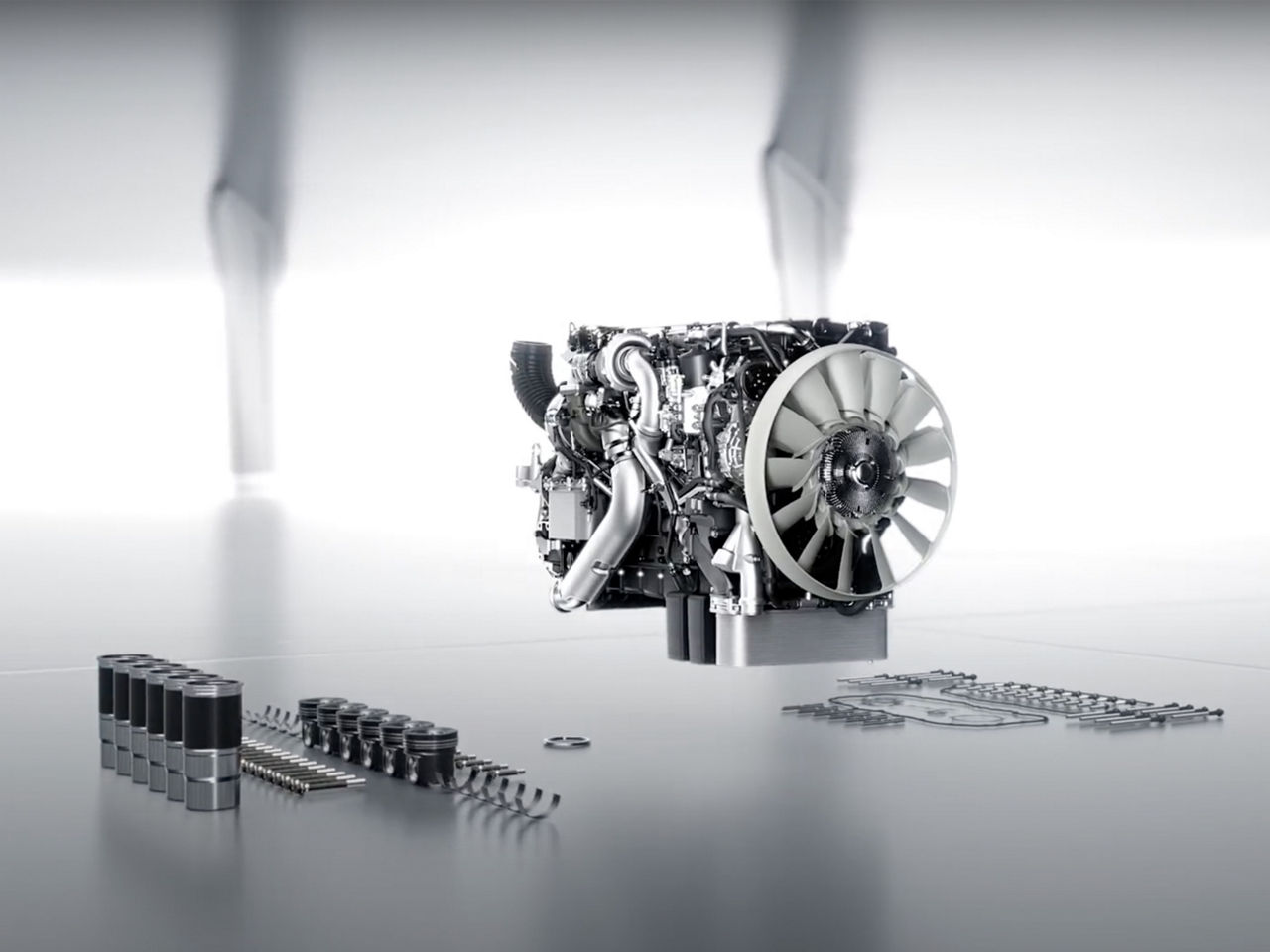 Motor met verschillende reserveonderdelen.