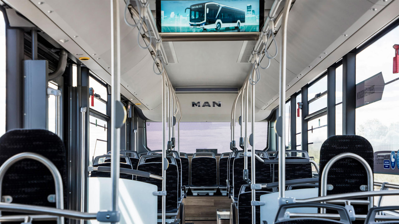 The interior of the bus with 104 seats 
