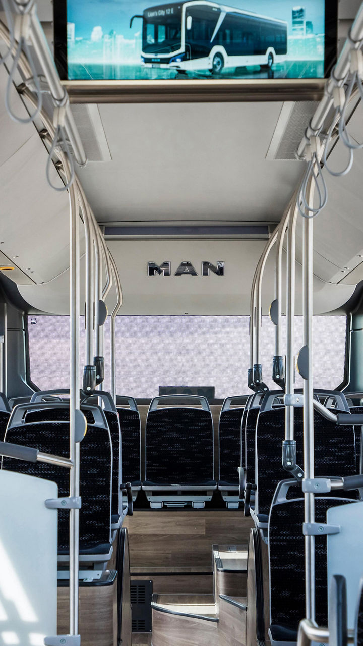 The interior of the bus with 104 seats 