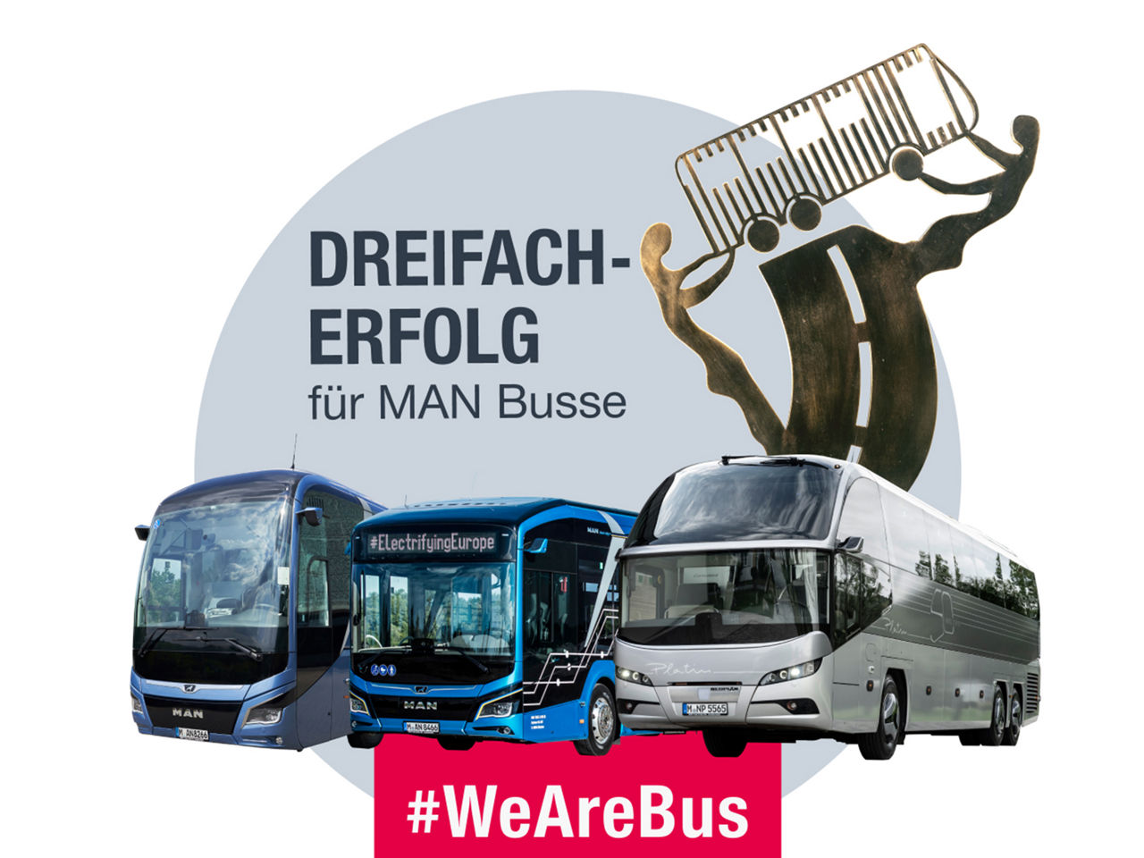 Eine Fotomontage mit drei Bussen von MAN und einem Pokal