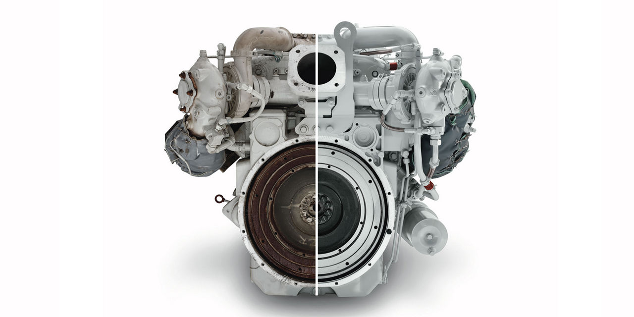Comparison of an old and a remanufactured engine. 