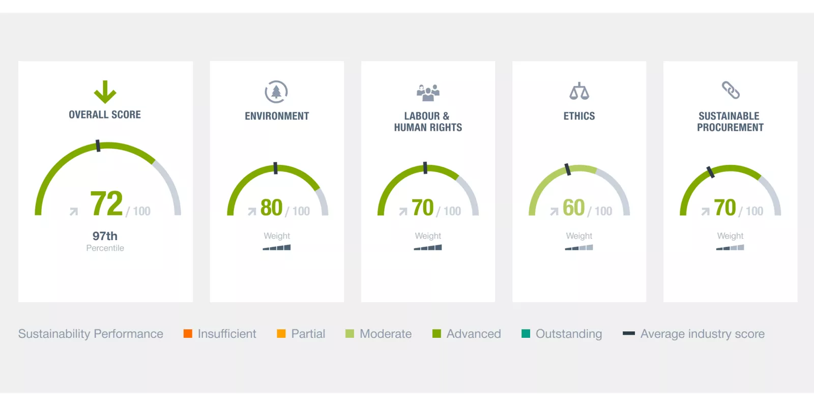 Graphic showing MAN's performance in various sustainability-related areas, including environment, labour & human rights, ethics and sustainable procurement