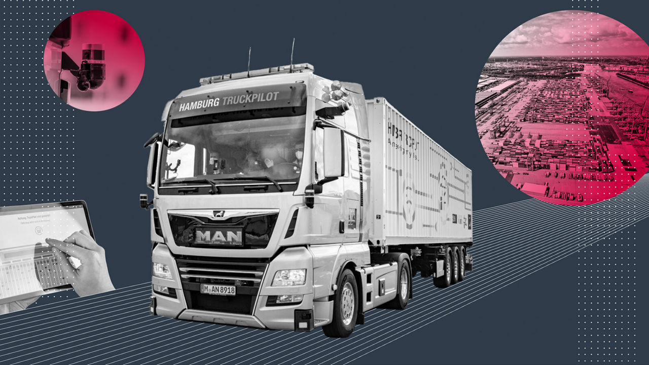 Collage mit Bildern eines MAN Truck, eines Tablets und dem Hamburger Hafen auf dunkelblauem Hintergrund.
