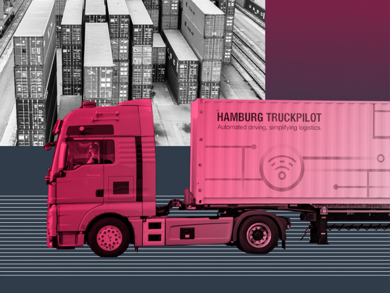 Collage mit Bildern eines MAN Trucks und Containern auf dem Container Terminal des Hamburger Hafen auf einem Farbverlauf-Hintergrund.