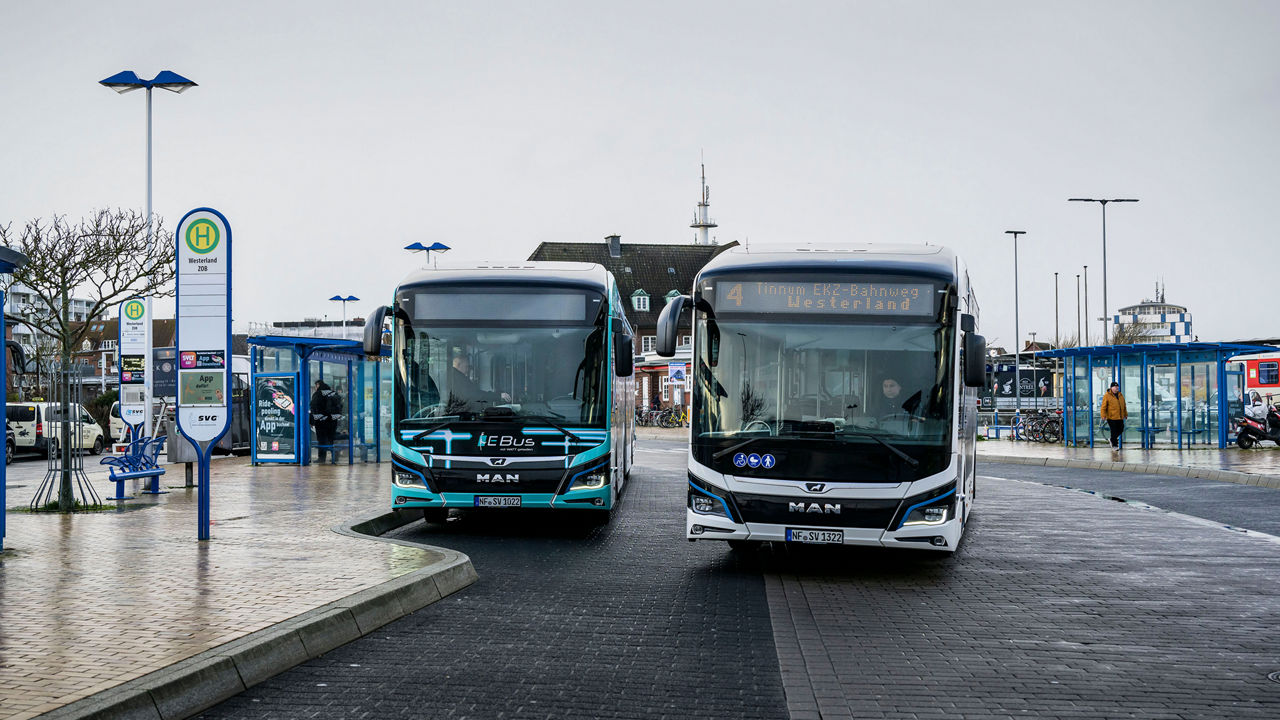 Zwei MAN Lion's Modelle nebeneinander in der Haltestelle