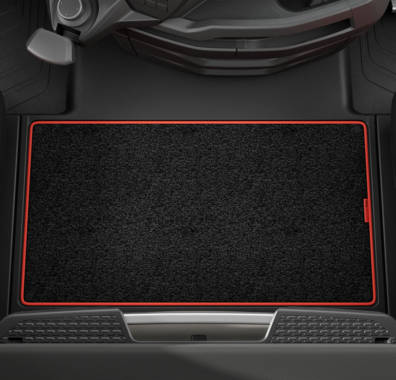 Floor mat with red stitching, piping and label.