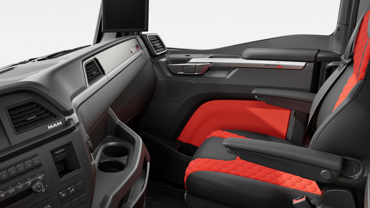 High-Voltage Red decorative stitching and piping.