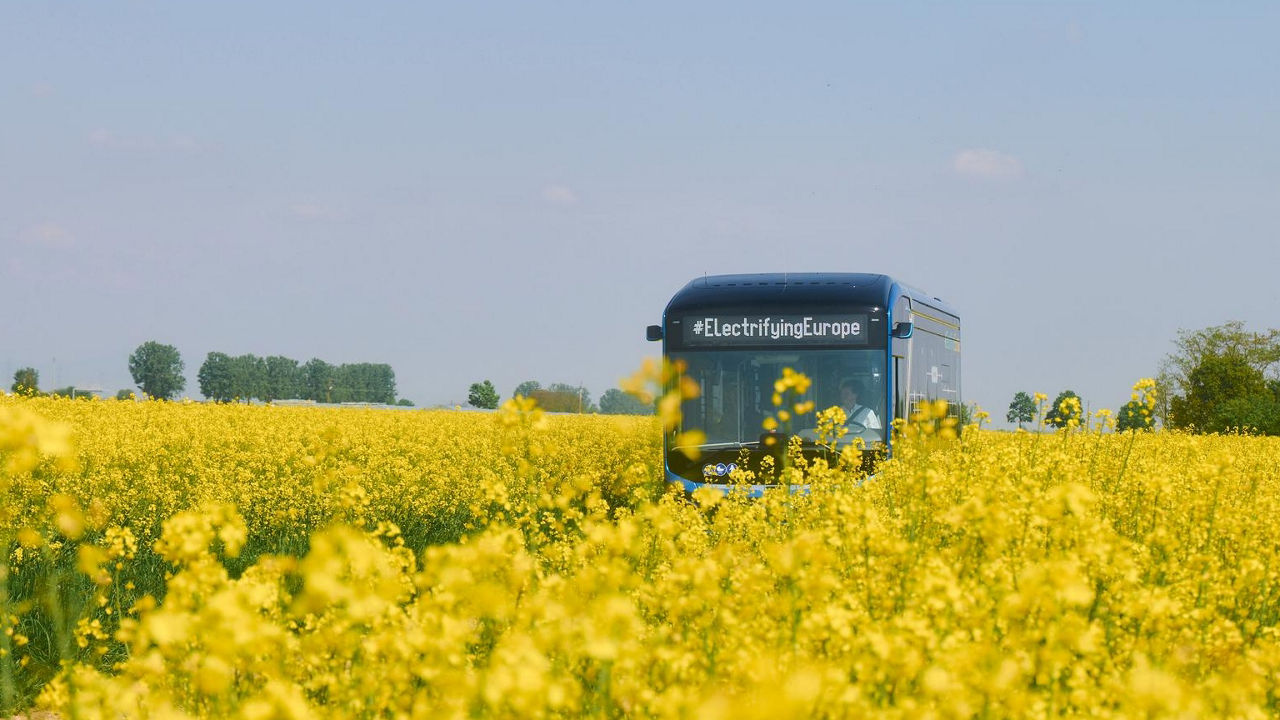 Bus fährt durch Rapsfehlt mit Aufschrift #ElectrifyingEurope