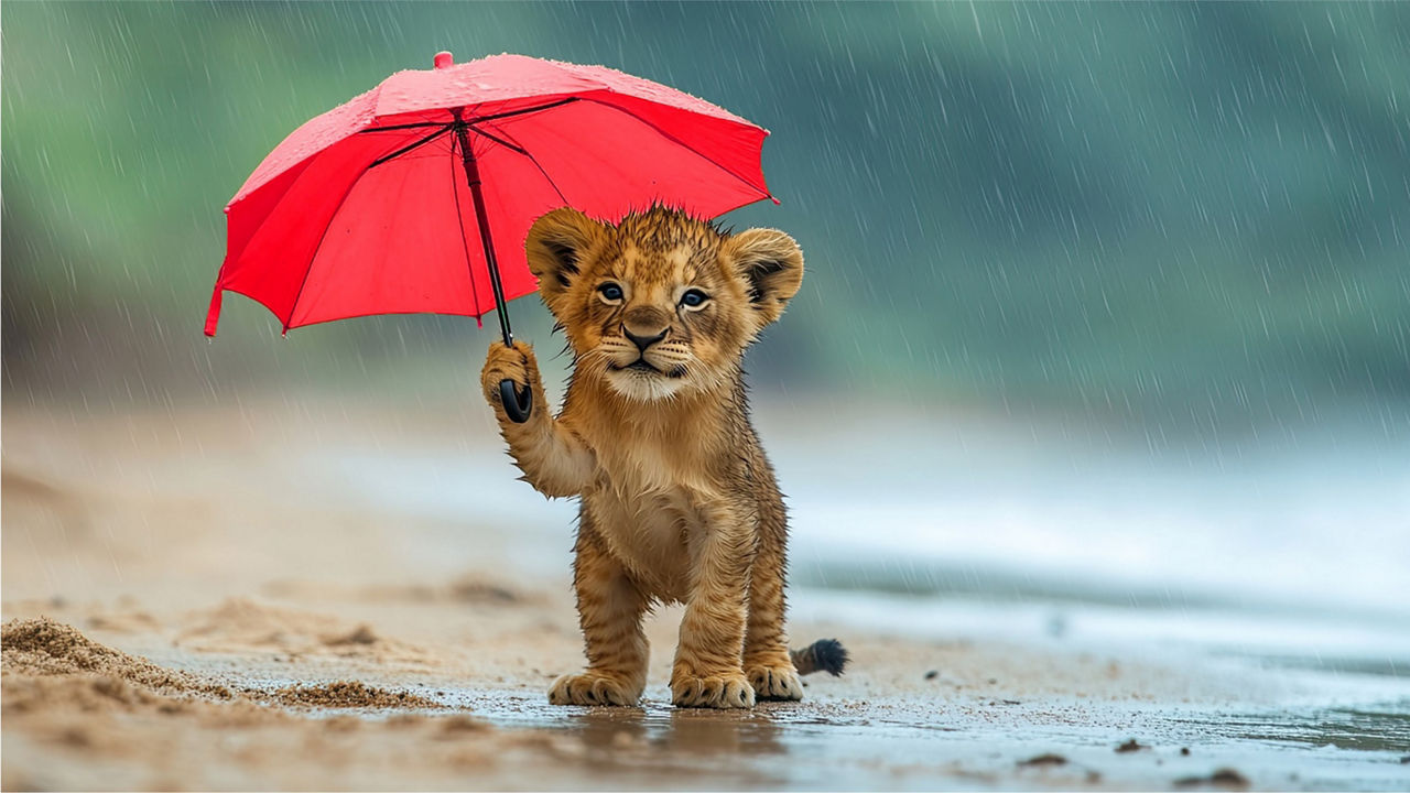 Junger Löwe schützt sich mit rotem Regenschirm vor regnerischem Wetter.